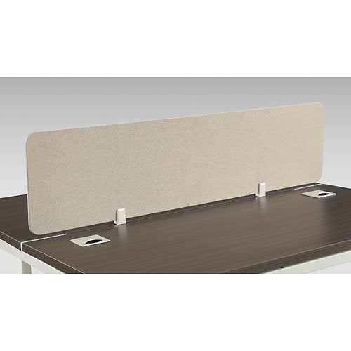 Element Two Person Workstation with Desktop Divider 59"W Driftwood Laminate Top/Beige Fabric/White Frame