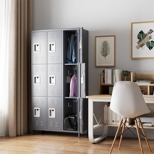 SUXXAN 72" Tall Metal Storage Lockers with 9 Doors, Hooks, Dark Gray