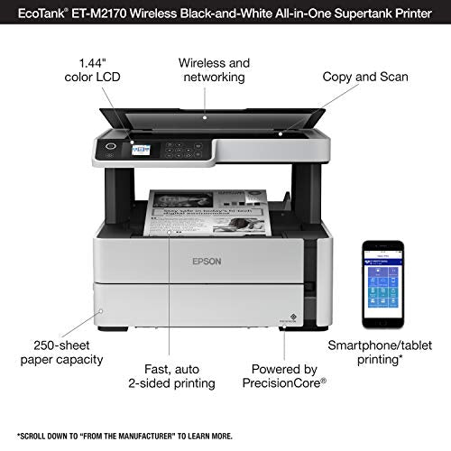 Epson EcoTank ET-M2170 Wireless Monochrome All-in-One Supertank Printer with Ethernet PLUS 2 Years of Unlimited Ink