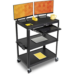 Line Leader Extra Wide AV Cart with Lockable Wheels - Adjustable Shelf Height - Includes Pullout Keyboard Tray and Cord Management (42 x 32 x 20 / Black)
