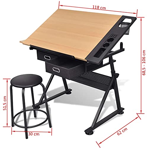 vidaXL Adjustable Drawing Table with Stool 2 Drawers Tiltable Iron Drafting Table Drawing Work Station Art Craft Student Office Desk