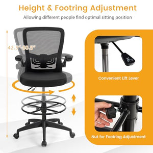 COSTWAY Drafting Chair with Flip-up Armrests & Adjustable Foot Ring, High Back, Ergonomic Lumbar Support - Black (2 Pack)