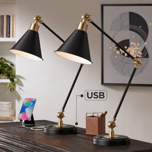 360 Lighting Black and Brass Adjustable USB Desk Lamps Set of 2