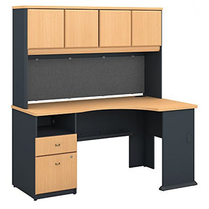 Bush Business Furniture Series A 60W Corner Desk with Hutch and 2 Drawer Pedestal in Beech and Slate