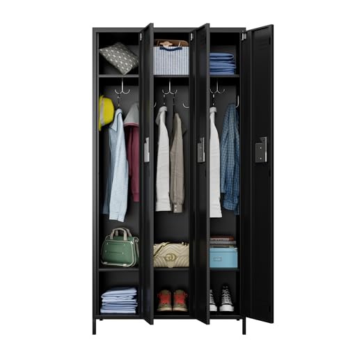 METAN Metal Locker with 3 Doors and 2 Shelves, Black - Industrial Storage Cabinet