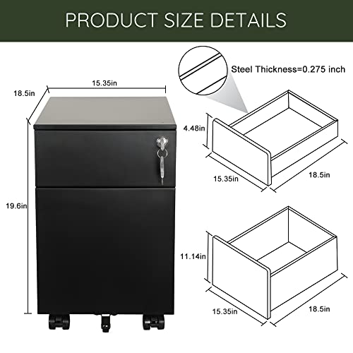 INLIFE 2 Drawer Mobile File Cabinet with Lock - Metal Filing Cabinet for Legal/Letter/A4/F4 Size - Fully Assembled with Wheels - Black, 198