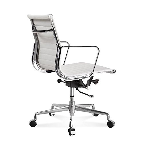 ARTIS DÉCOR Ribbed Low and High Back Executive Office Chair Made with Upholstered Genuine Italian Leather, Swivel and Polished Aluminium Frame - Low-Back White