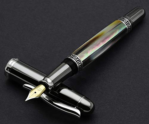 Xezo Maestro Medium Fountain Pen Made From Iridescent Tahitian Black Mother of Pearl (Maestro Black MOP Tungsten FPL-1). No Two Alike