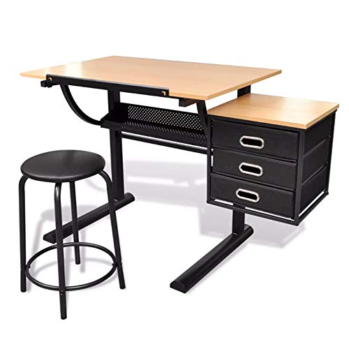 ZAMAX Tiltable Tabletop Drawing Table with Stool for Studying and Technical Drawing, Wooden Draft Draft Desk with Three Drawers Side Cabinets Art Craft Work Station