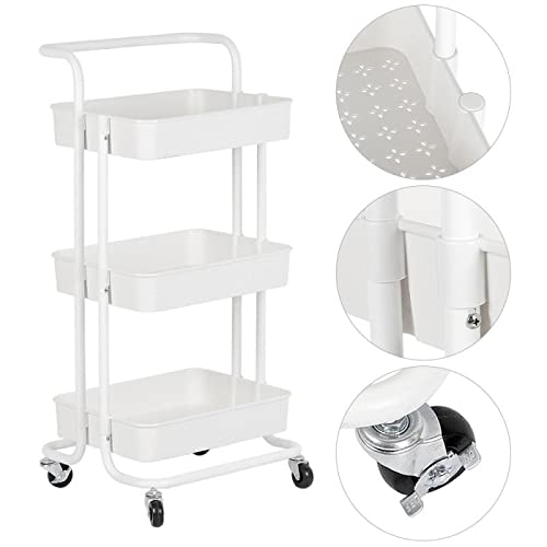 3-Tier Metal Rolling Utility Shelves Organizer Cart - White