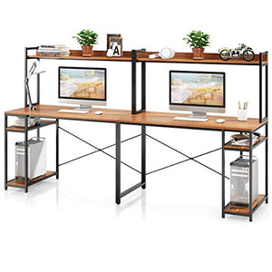 VIPEK 94.5 Inch 2 Person Desk, Large Double Computer Desk with Hutch & Storage Shelves, Extra Long Desk Writing Study Table Double Workstation Home Office Desk for Two People, Suntalam Walnut
