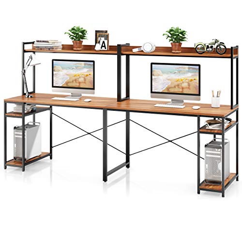 VIPEK 94.5 Inch 2 Person Desk, Large Double Computer Desk with Hutch & Storage Shelves, Extra Long Desk Writing Study Table Double Workstation Home Office Desk for Two People, Suntalam Walnut