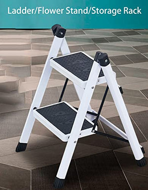 LUCEAE Folding Step Stool, 2 Steps, Sturdy Steel Ladder - Non-Slip Tread, Multi-Purpose Portable Organizer