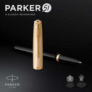 Parker 51 Deluxe Fountain Pen | Black Barrel and Gold Attributes | Medium Nib in 18 Carat Gold | Black Ink Cartridge | Delivered in Gift Box