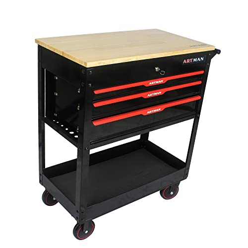 Generic 3 Drawers Multifunctional Tool Cart with Wheels and Wooden Top