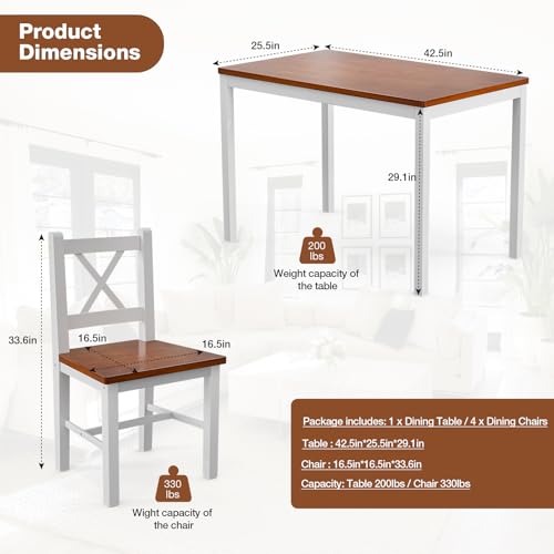 AOVSA Solid Wood 5-Piece Dining Table Set for 4 - Farmhouse Kitchen Furniture