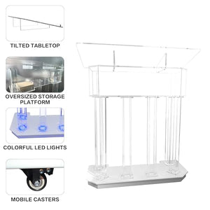 LAYIQDC Acrylic LED Podium with 3 Tiers, 6 Column Base, and Wide Middle Shelf (39.4" L x 17.7" W x 46.6")