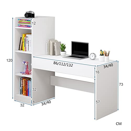 BinOxy Modern Minimalist Computer Desk with Multi-layer Storage Bookcase - White PC Table Study Table (112CM)