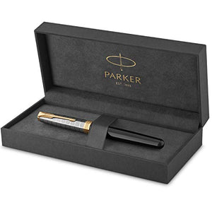 PARKER Sonnet Fountain Pen | Premium Metal and Black Gloss Finish with Gold Trim | Fine 18k Gold Nib with Black Ink Cartridge | Gift Box