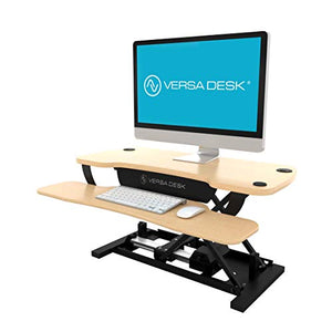 VersaDesk Power Pro USA Manufactured | Electric Height-Adjustable Desk Riser | Standing Desk Converter | Sit to Stand Desktop with Keyboard + Mouse Tray | 36" X 24" | Black Frame, Maple Body