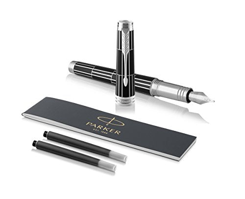 PARKER Premier Fountain Pen, Luxury Black with Chrome Trim, Fine Nib with Black Ink Refill