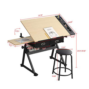 hebaotong Height Adjustable Drafting Draft Desk Drawing Table Desk, Tiltable Tabletop Art Craft Work Station with Stool, Storage Drawer for Reading, Writing Art Craft Work Station