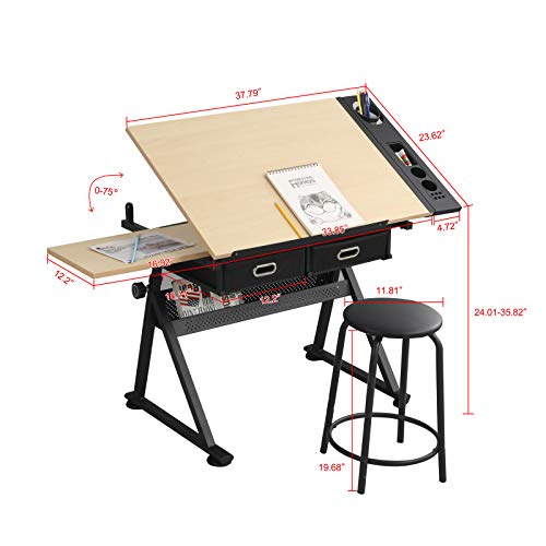 hebaotong Height Adjustable Drafting Draft Desk Drawing Table Desk, Tiltable Tabletop Art Craft Work Station with Stool, Storage Drawer for Reading, Writing Art Craft Work Station