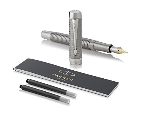 PARKER Duofold Centennial Fountain Pen, Prestige Ruthenium Chiselled, Fine Solid Gold Nib, Black Ink and Convertor (1931333)