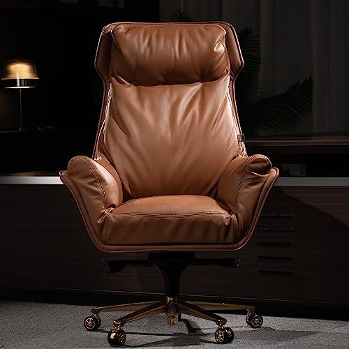 Kinnls Austin Genuine Leather Executive Office Chair with Reclining High Back and Tilt Angle (Khaki-Golden Base)