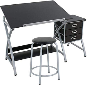 ZQTHL Adjustable Drafting Table with Storage Drawer and Stool for Reading Writing,Black