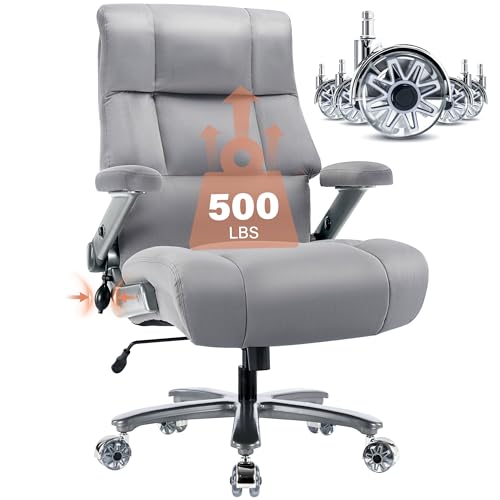 OPOWING Big and Tall Office Chair 500lbs - Fabric Executive Desk Chair with Adjustable Lumbar Support, 3D Flip Up Arms, Grey