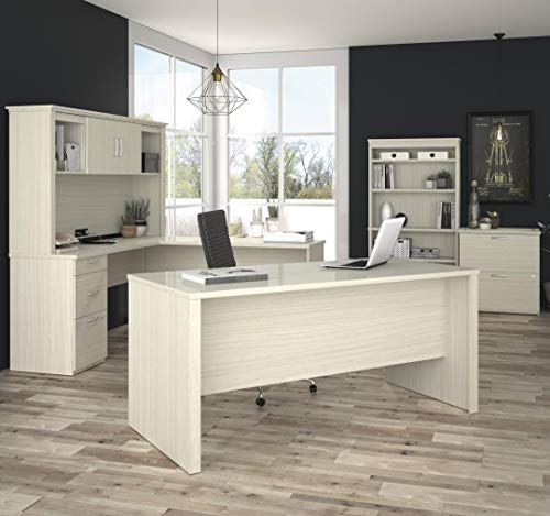 Bestar Logan U-Shaped Desk with Hutch, Lateral File Cabinet, Bookcase - 66W, White Chocolate