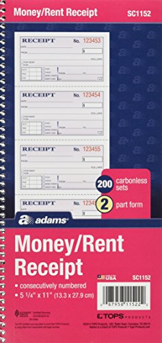 Adams Money and Rent Receipt Book, 2-Part Carbonless, 5-1/4" x 11", Spiral Bound, 200 Sets per Book, 4 Receipts per Page (SC1152) (Pack of 25)