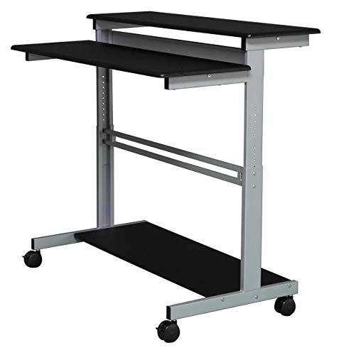 Stand Up Desk Store Rolling Adjustable Height Two Tier Standing Desk Computer Workstation (Silver Frame/Black Top, 48" Wide)