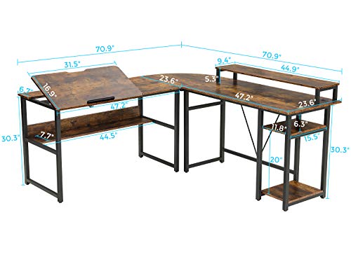 Sedeta L Shaped Desk, 70.9 inches Corner Computer Desk with Monitor Stand Riser, Drafting Drawing Table with Tiltable Desktop, Workstation Study Writing Table Art Desk for Home Office, Rustic Brown