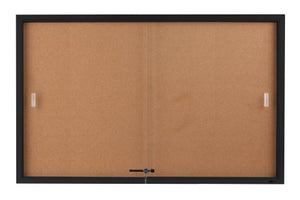 Displays2go 5 x 3 Feet Enclosed Sliding Door Cork Bulletin Board, Self-Healing Corkboard Display Surface, 60 x 36 Inches Notice Board for Wall Mount with Mounting Hardware, Aluminum Frame, Black (CBSD6036BK)
