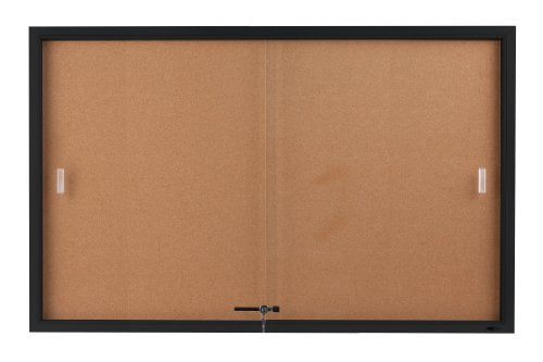 Displays2go 5 x 3 Feet Enclosed Sliding Door Cork Bulletin Board, Self-Healing Corkboard Display Surface, 60 x 36 Inches Notice Board for Wall Mount with Mounting Hardware, Aluminum Frame, Black (CBSD6036BK)