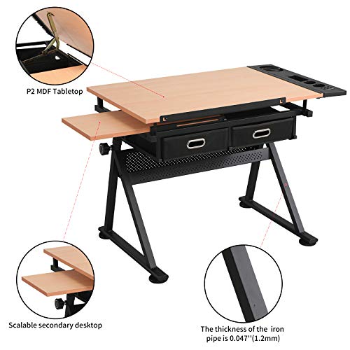 Waful Drafting Drawing Art Table Desk with Tiltable Tabletop and Storage Drawers