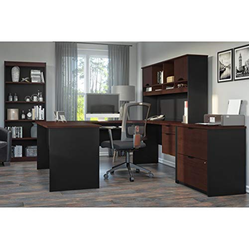 Bestar 3-Piece Set Including a U-Shaped Desk with Hutch, a lateral File Cabinet, and a Bookcase