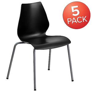 Flash Furniture Stack Chair 5 Pack - 770 lb. Capacity, Black with Lumbar Support and Silver Frame