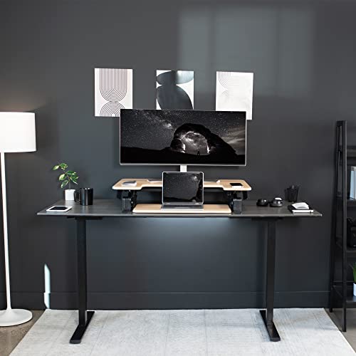 VIVO Height Adjustable Stand Up Desk Converter, V Series, Dual Monitor Riser Workstation, Light Wood Top - DESK-V000VO