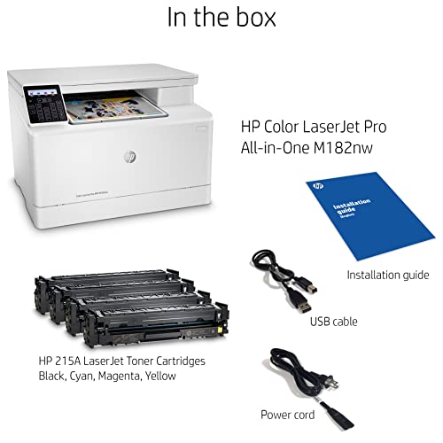 HP Laserjet Pro MFP M182 nw All-in-One Wireless Ethernet Color Laser Printer, White - Print Scan Copy - 2-Line LCD with Numeric Keypad Display, 17 ppm, 600 x 600 dpi, 8.5 x 14