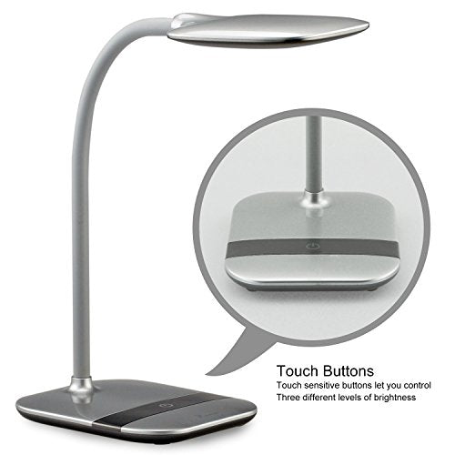 Premer PM-L610 Table Lamp - Dimmable LED Desk Lamp in 3 Brightness Levels With Eye-Caring Panel Gooseneck Design & Touch-sensitive Switch - 6W, Noble Sliver