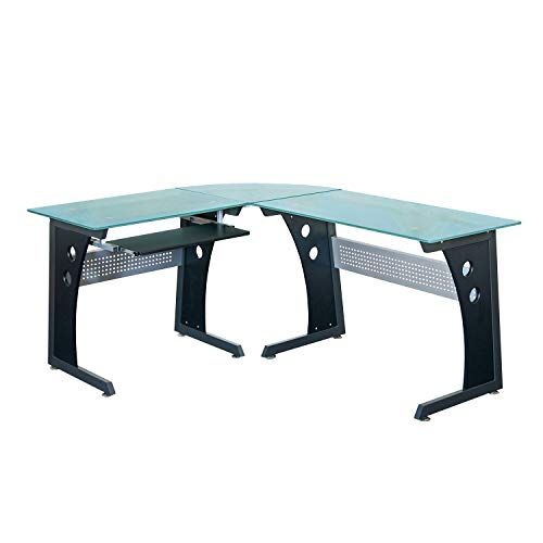 Techni Mobili Deluxe Tempered Frosted Glass L Shaped Corner Desk With Pull Out Keyboard, Graphite