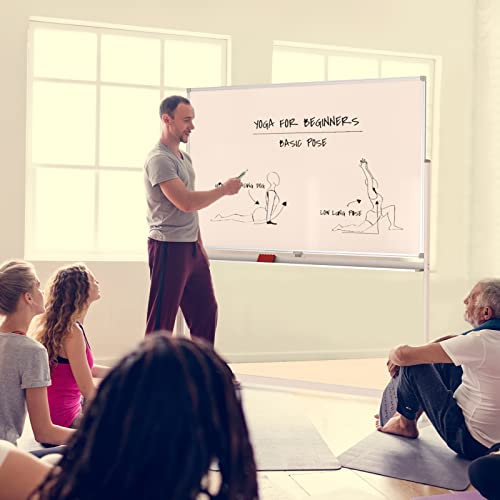 Large Magnetic Mobile Whiteboard with Rolling Stand - 60” X 40” Double Sided Easel Style Dry Erase White Board on Locking Wheels, Giant Standing Commercial Writing Board with White Aluminium Frame