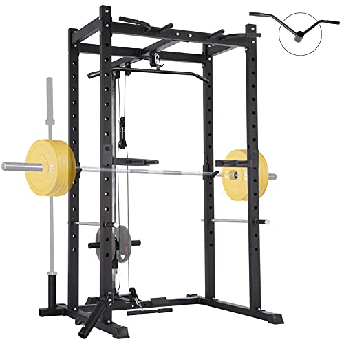 Mikolo Olympic Power Cage, 1000 lbs Commercial Weight Cage with LAT Pull-Down Pulley System, J-Hooks, 360 Degree Landmine, Dip Bars, Barbell Holder, and Other Attachments for Home Gym