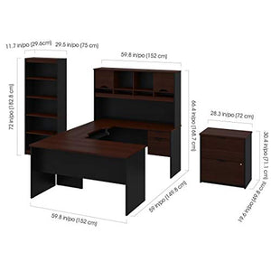 Bestar 3-Piece Set Including a U-Shaped Desk with Hutch, a lateral File Cabinet, and a Bookcase