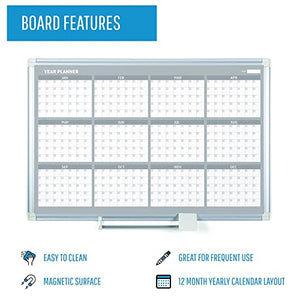 MasterVision Magnetic Dry Erase 12 Month Yearly White Board Planner, Wall Mounting, Sliding Marker Tray, 36" x 48", Aluminum Frame (GA05106830), 3' x 4'