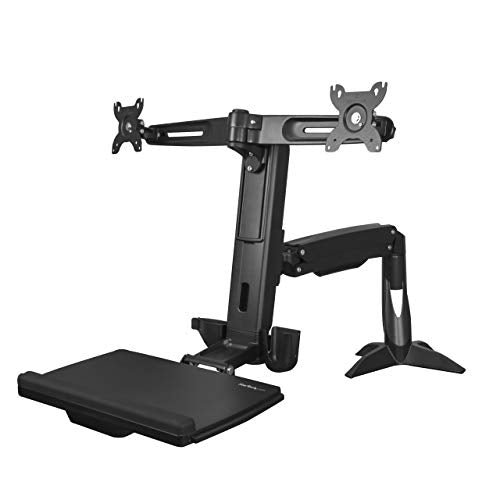 StarTech.com Sit Stand Dual Monitor Arm-Desk Mount Dual Computer Monitor Adjustable Standing Workstation for upto 24' Displays -VESA Ergonomic Stand Up Desk Converter w/Keyboard Tray(ARMSTSCP2),Black