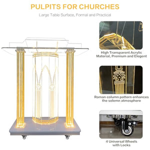 Petolovty Clear Acrylic Podium Stand with LED - 46" Large Lectern for Classroom, Church, Concerts